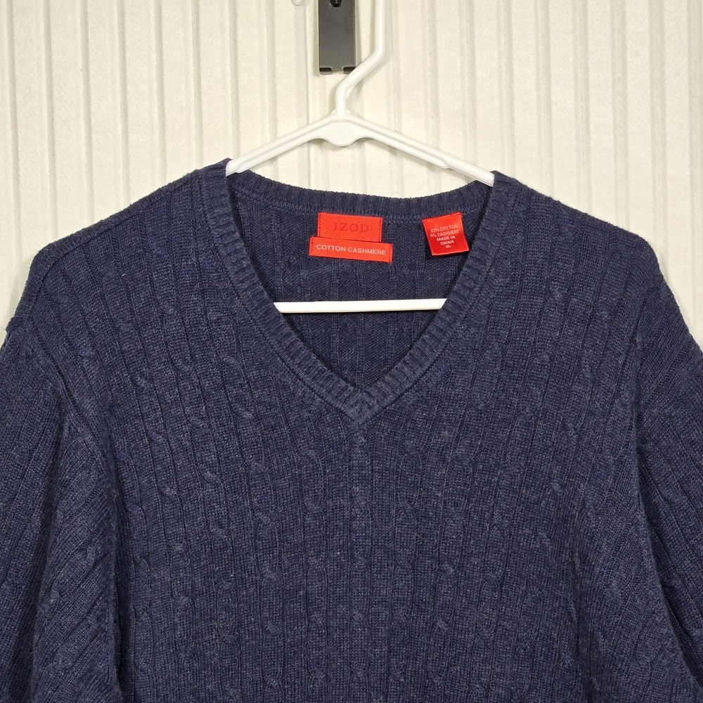 IZOD Mens XL Navy Blue Cotton Cashmere V-Neck Cable Knit Sweater 4586027 - Picture 2 of 7